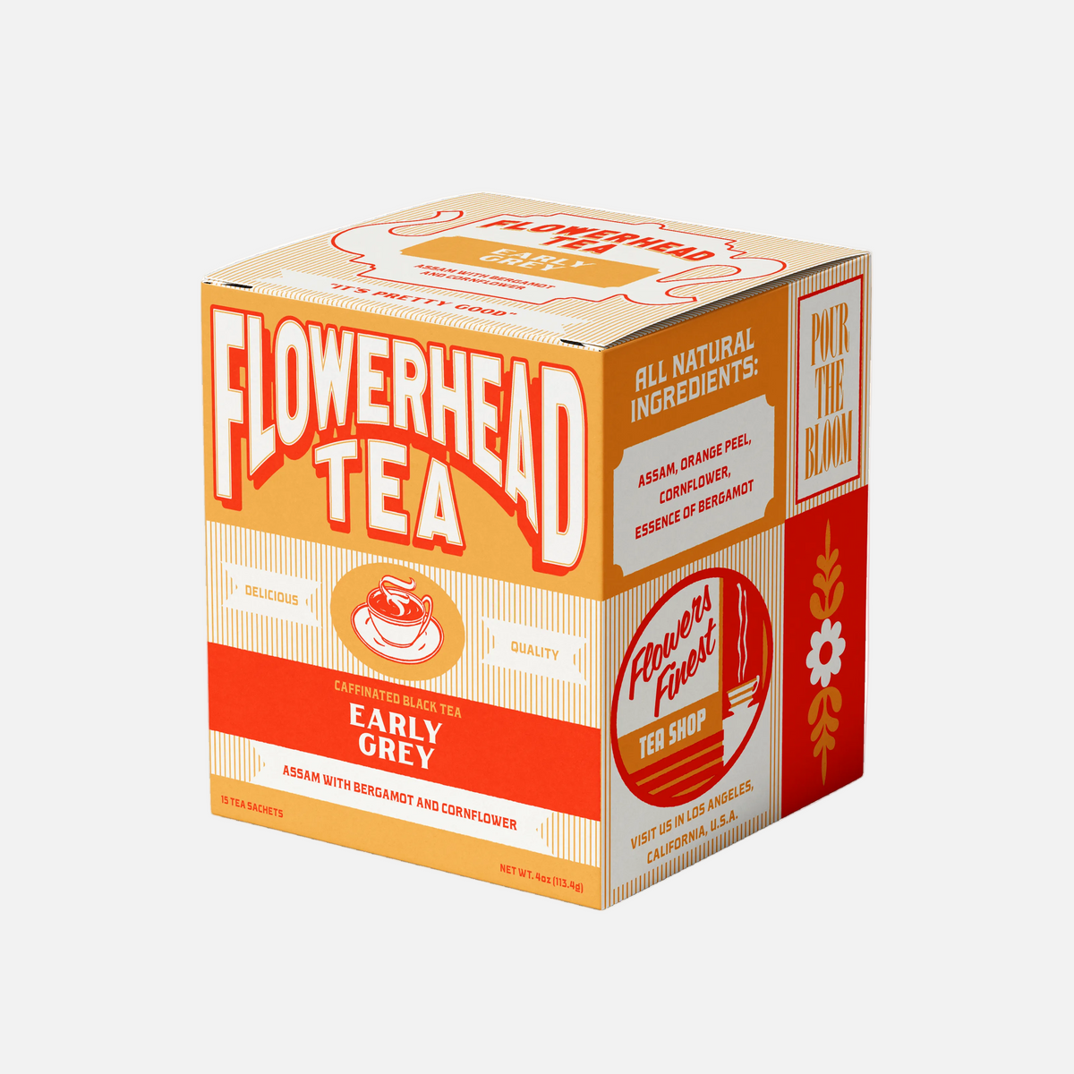 Box of Flowerhead Tea with orange and white design on a white background