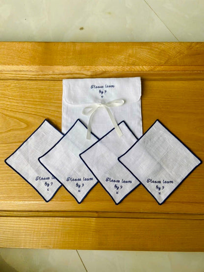 Please Leave By 9 Embroidered Linen Cocktail Napkins: 1. light blue