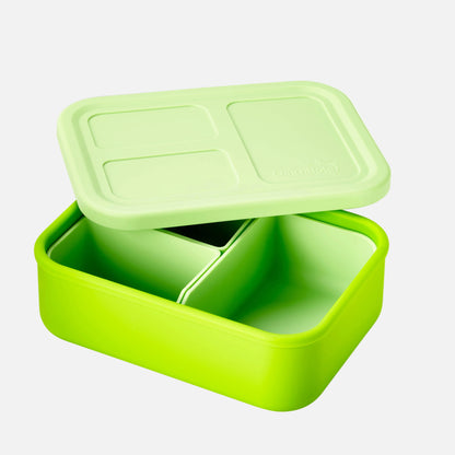 Green and light green bento box with compartments on a white background