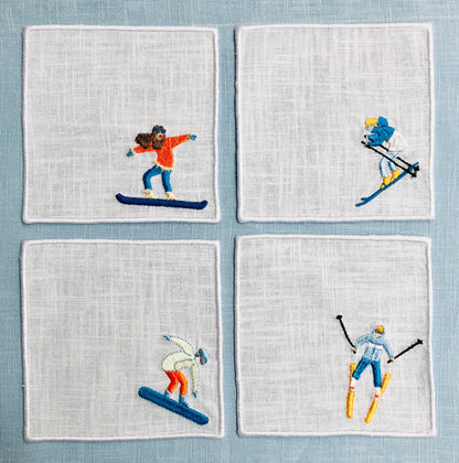 Winter Sport Skiers Linen Cocktail Napkins - Set of 4/6: 4 napkins