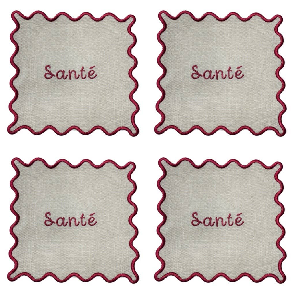 Sante Embroidered Scallop Linen Cocktail Napkins - Set of 4