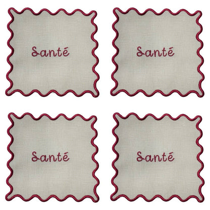 Sante Embroidered Scallop Linen Cocktail Napkins - Set of 4