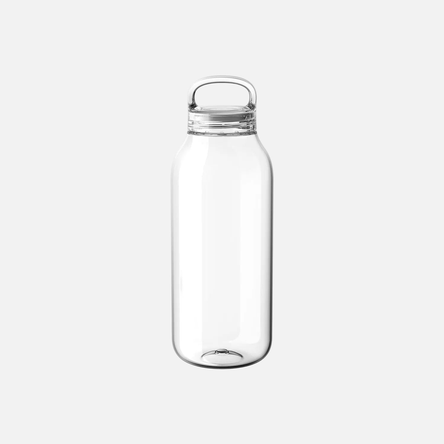 Clear glass water bottle with a metal cap on a white background