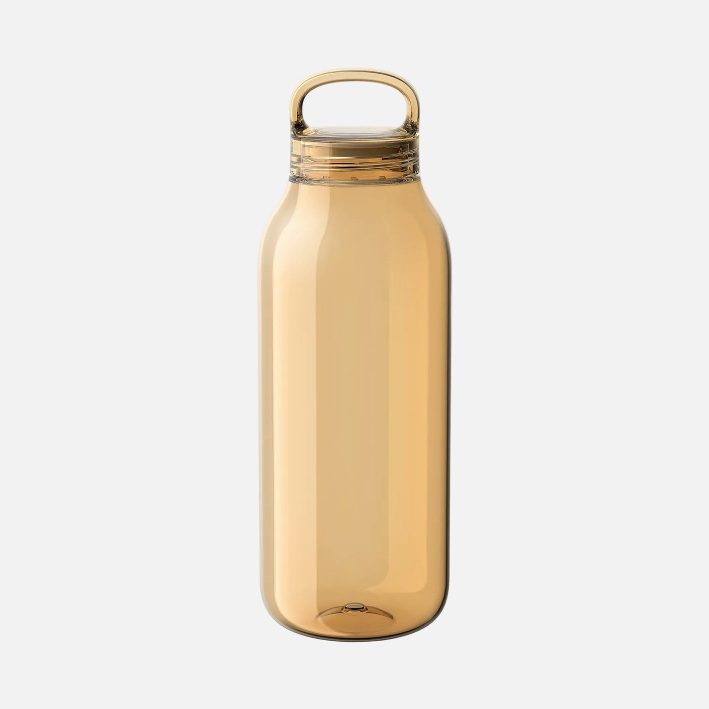 Amber-colored water bottle with a gold cap on a white background