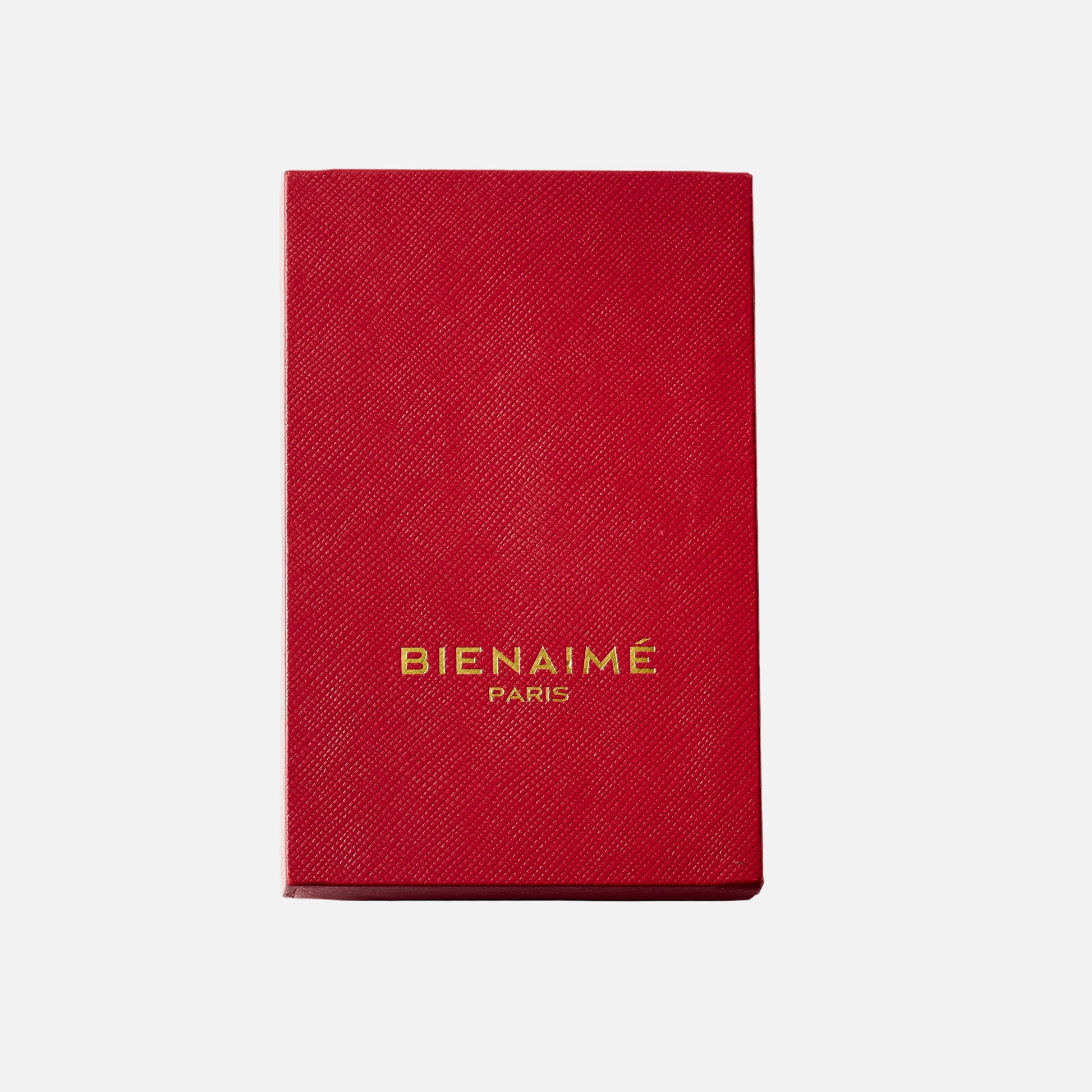 Red notebook with 'BIENAIME PARIS' embossed on a white background