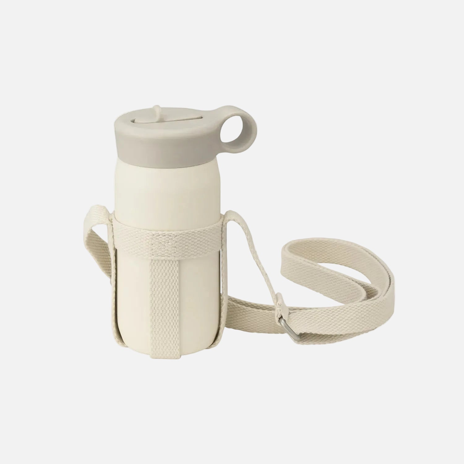 Beige water bottle with a strap on a white background