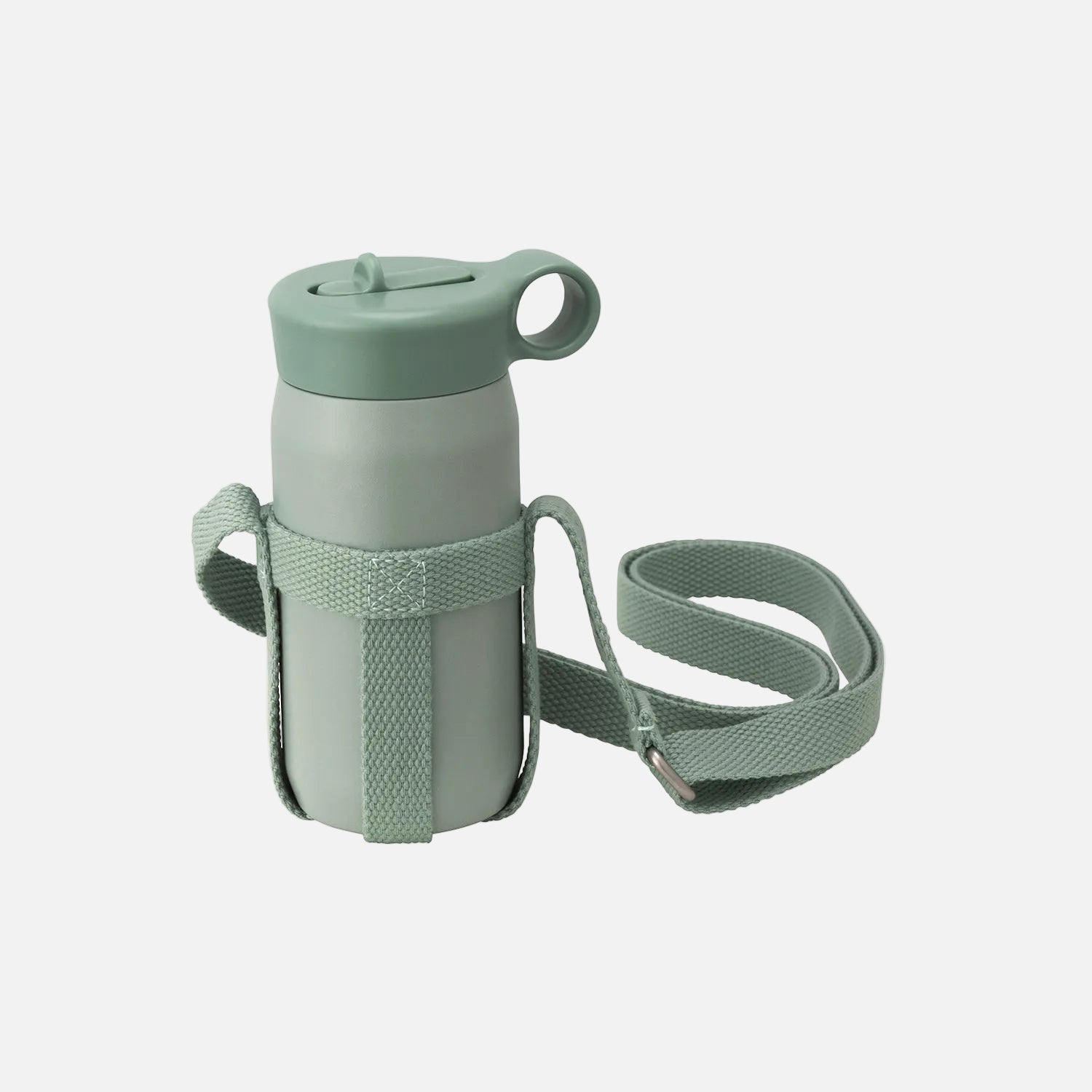 Green water bottle with a carrying strap on a white background