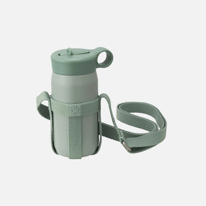 Green water bottle with a carrying strap on a white background