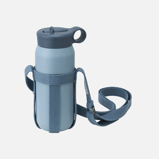 Blue water bottle with a strap on a white background