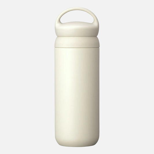 White thermos bottle with a handle on a white background