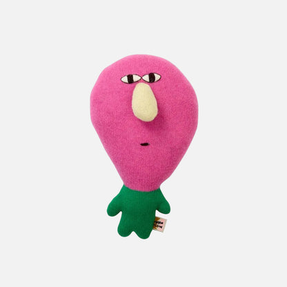 Pink plush toy with a green base on a white background