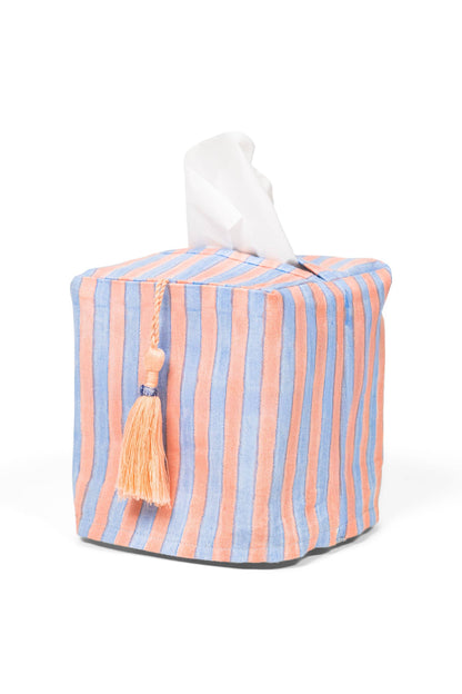 Stripes Blockprint Tissue Box Cover: Blue & Red
