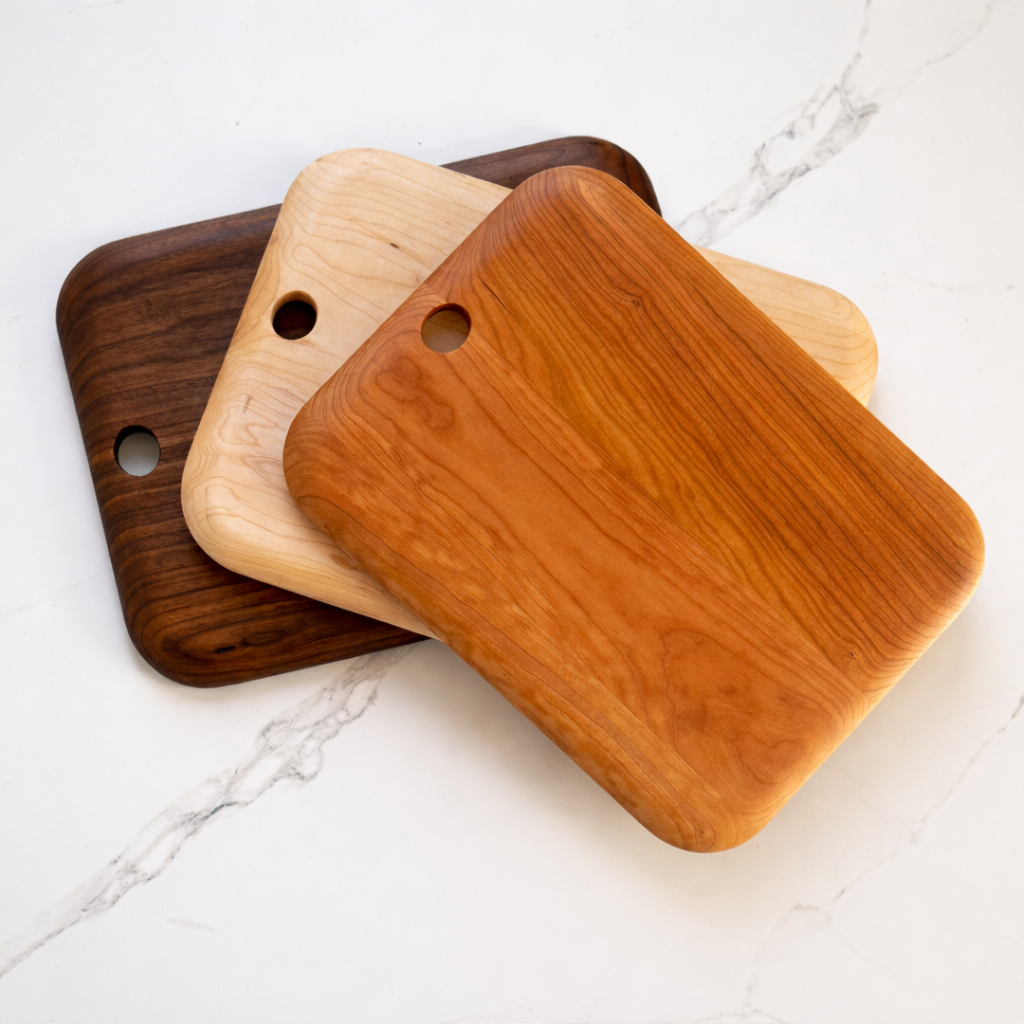 Three wooden cutting boards in different colors on a marble surface