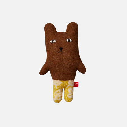 Brown plush toy with a yellow belly on a white background