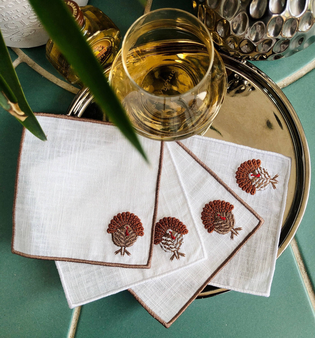 Set of 4 Thanksgiving Embroidered Turkey Cocktail Napkins: Light brown hem