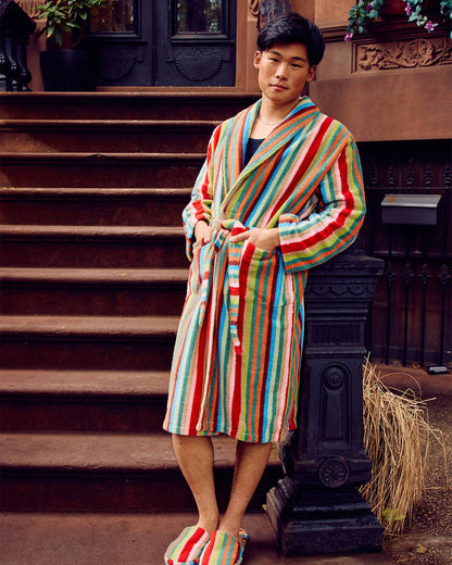 Butterfly Stripe Plush Cotton Terry Bathrobe: L