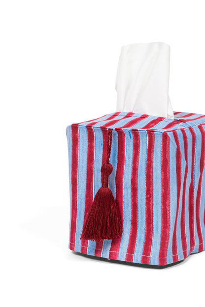 Stripes Blockprint Tissue Box Cover: Blue & Red