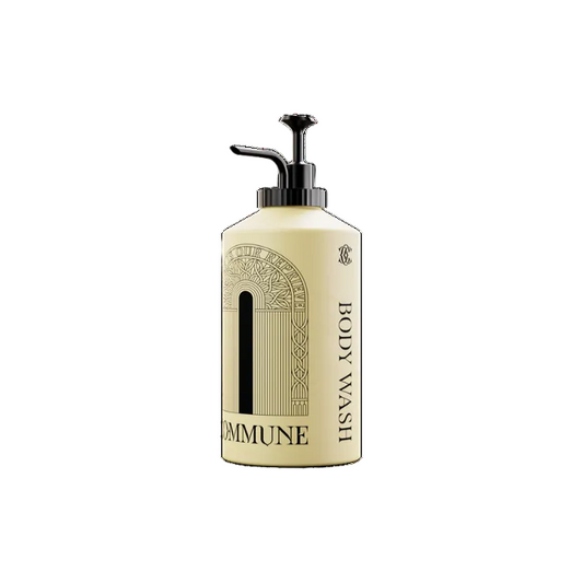 Body wash bottle with pump on a white background