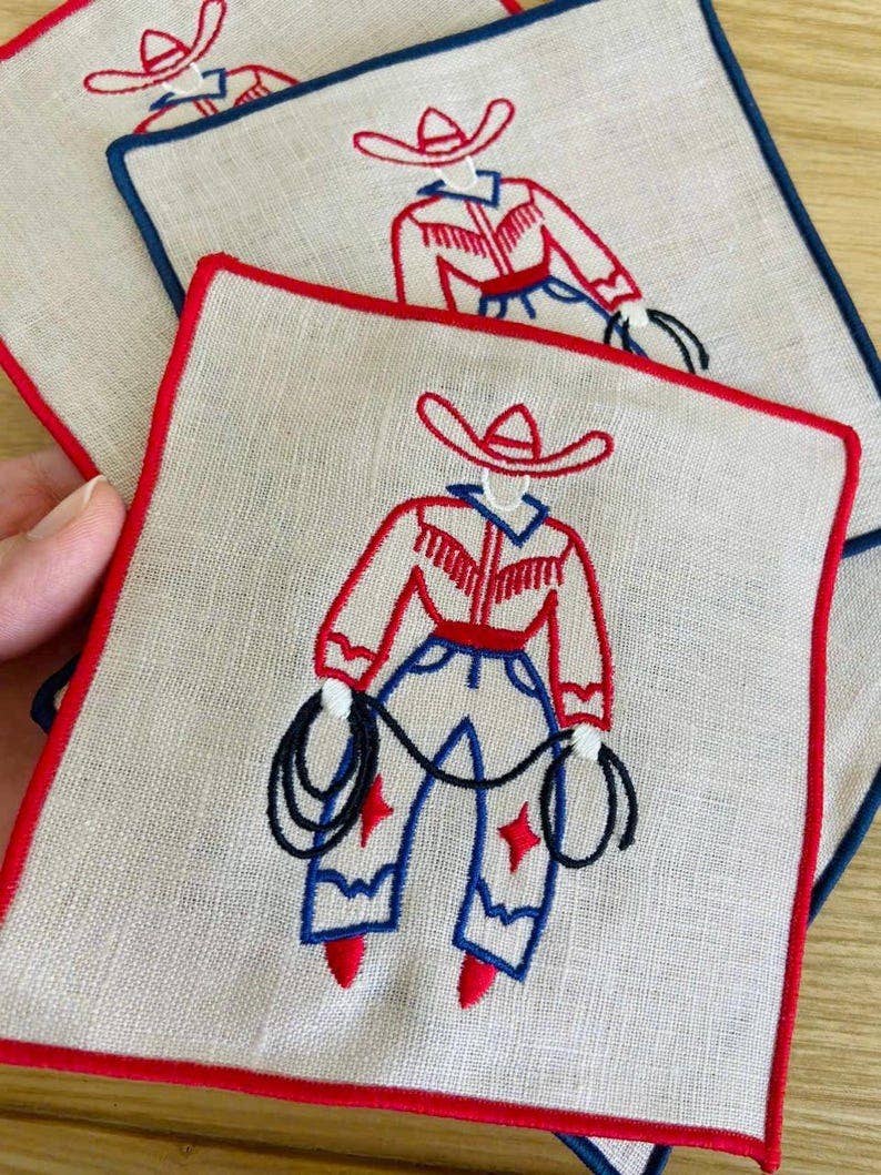 Cowboy Embroidered Linen Cocktail Napkins – Set of 4: Red hem
