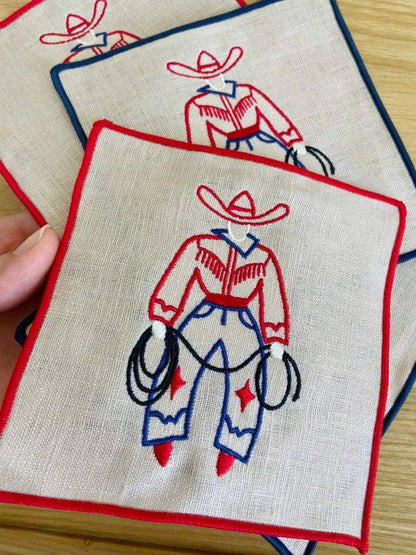 Cowboy Embroidered Linen Cocktail Napkins – Set of 4: Red hem