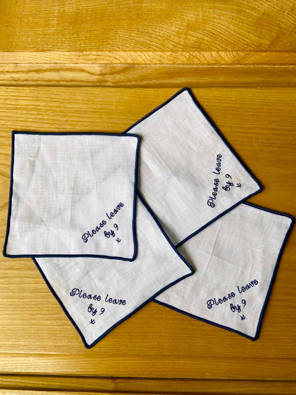 Please Leave By 9 Embroidered Linen Cocktail Napkins: 1. light blue
