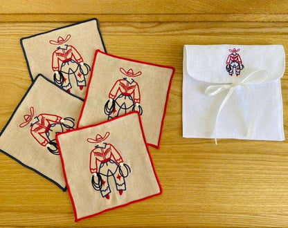Cowboy Embroidered Linen Cocktail Napkins – Set of 4: Red hem