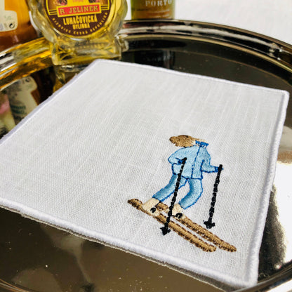 Winter Sport Skiers Linen Cocktail Napkins - Set of 4/6: 4 napkins
