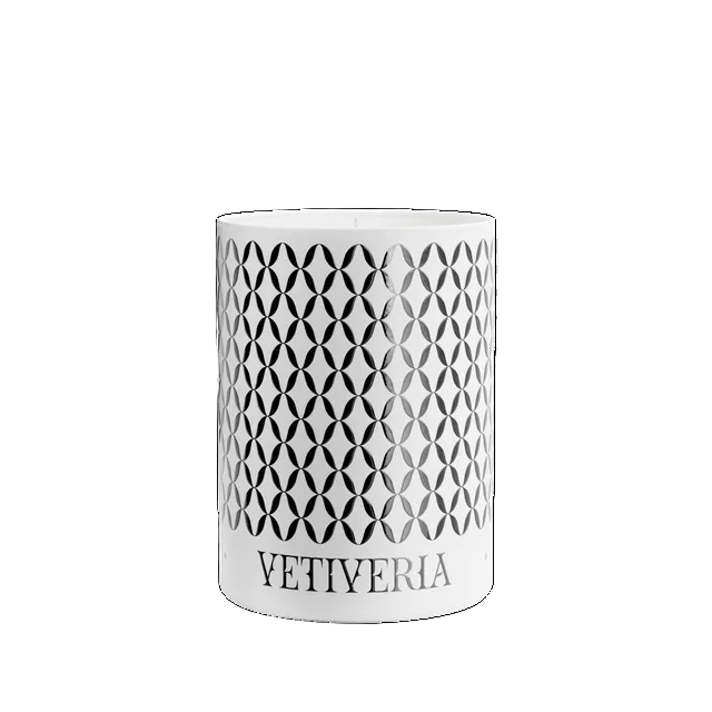 A white ceramic candle jar with a black geometric diamond pattern and the brand name 'VETIVERIA' printed in black at the bottom, set against a plain white background.