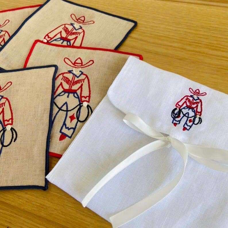 Cowboy Embroidered Linen Cocktail Napkins – Set of 4: Red hem