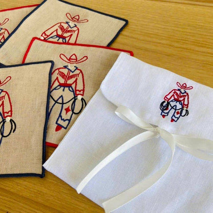 Cowboy Embroidered Linen Cocktail Napkins – Set of 4: Red hem