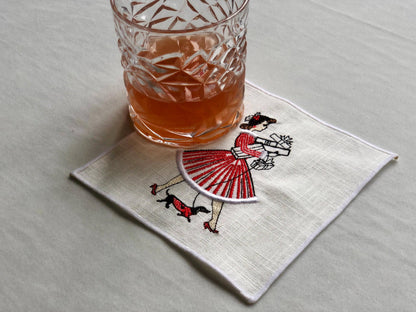 Vintage Retro Christmas Girl Linen Cocktail Napkins - 4 : Lady with dog