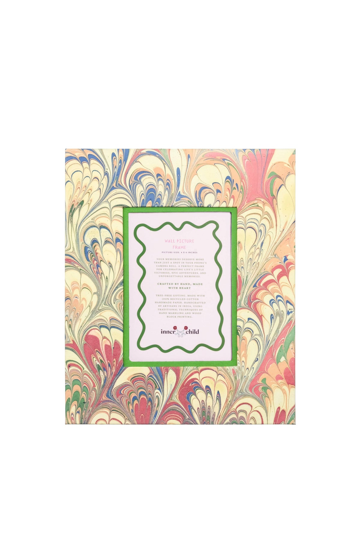 Decorative paper with colorful marbled design and a green border on a white background
