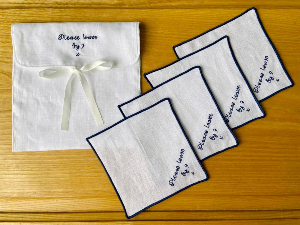 Please Leave By 9 Embroidered Linen Cocktail Napkins: 1. light blue