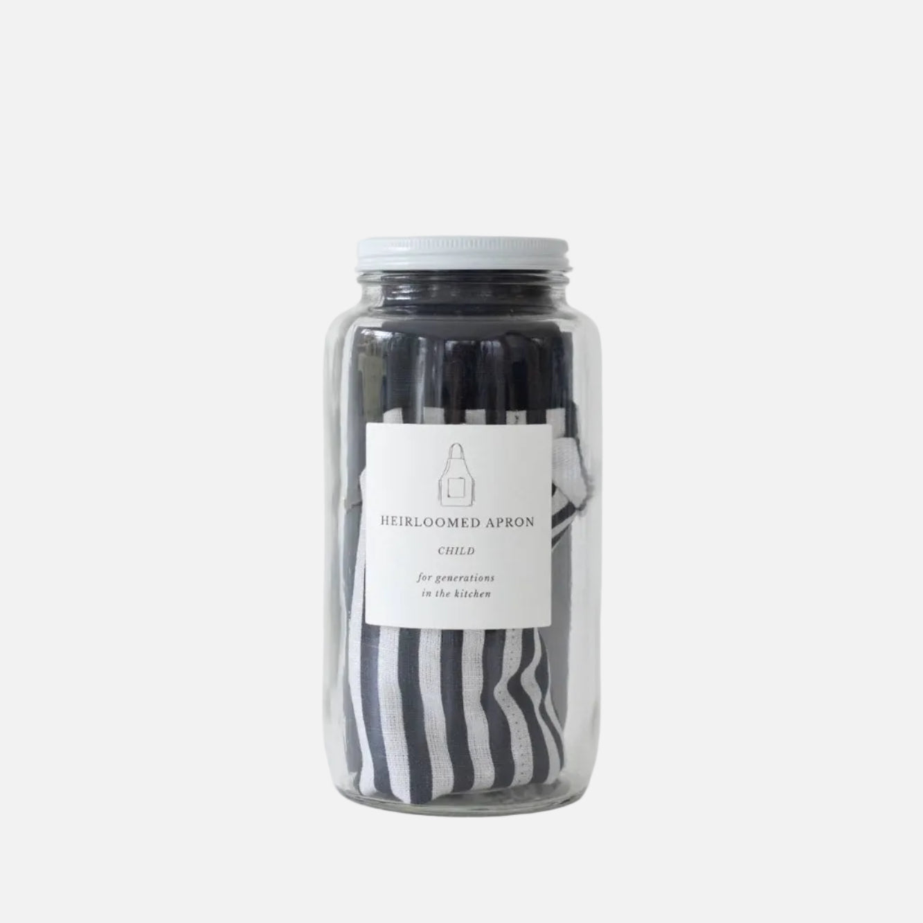 Jar of black and white aprons with a label on a white background