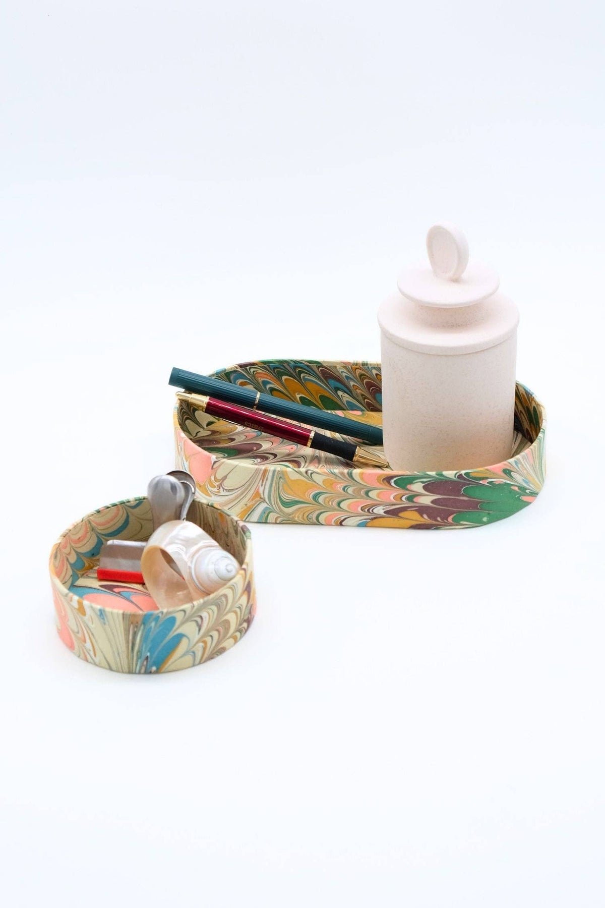 Nesting Hand-Marbled Oval Desk Tray Set in Flatiron Feathers