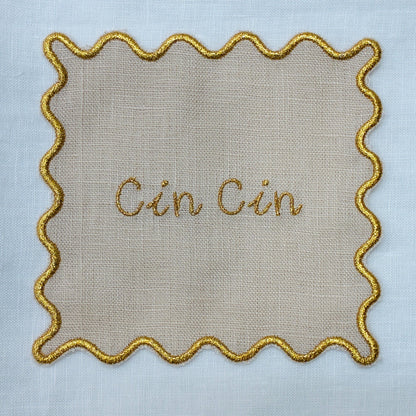 Cin Cin Embroider Scallop Linen Cocktail Napkins - Set of 4