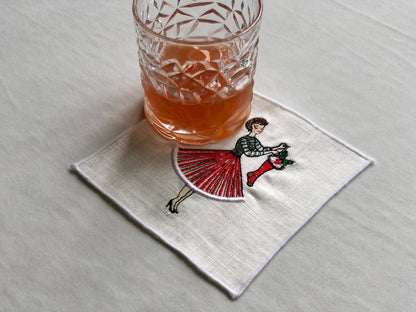 Vintage Retro Christmas Girl Linen Cocktail Napkins - 4 : Lady with dog