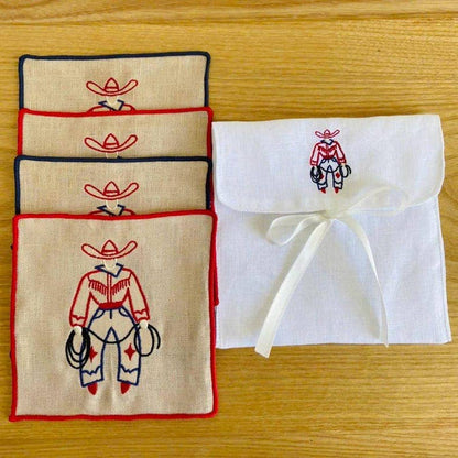 Cowboy Embroidered Linen Cocktail Napkins – Set of 4: Red hem