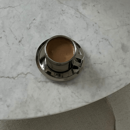 Italian Style Steel Latte Cup with saucer on marble