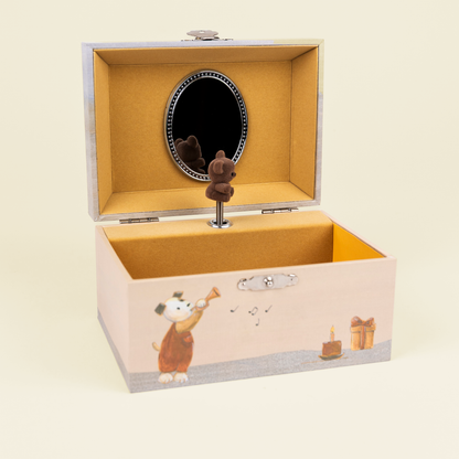 Decorative jewelry box with teddy bear illustrations on a beige background