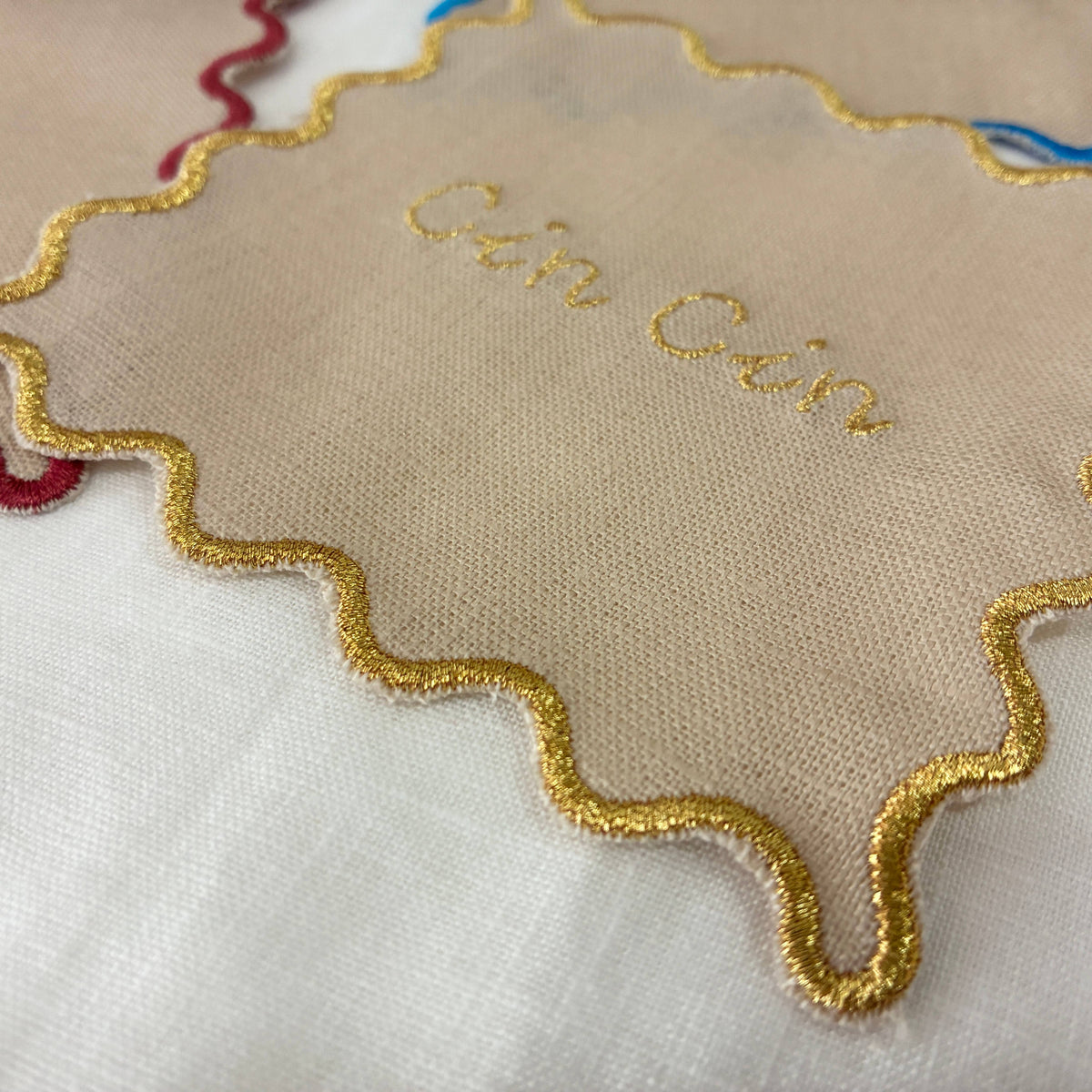 Sante Embroidered Scallop Linen Cocktail Napkins - Set of 4