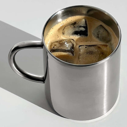 Double-Layer Glossy Stainless Steel Cup, 300ml, with iced coffee
