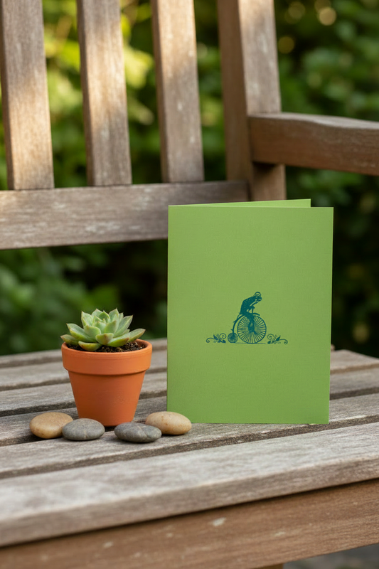 Letterpress Card- Frog on Bicycle- Blue on Green