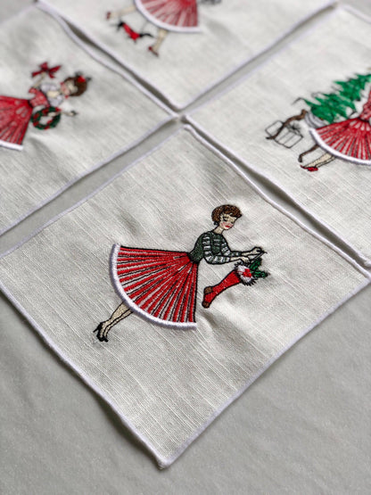 Vintage Retro Christmas Girl Linen Cocktail Napkins - 4 : Lady with dog
