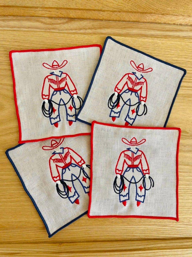 Cowboy Embroidered Linen Cocktail Napkins – Set of 4: Red hem