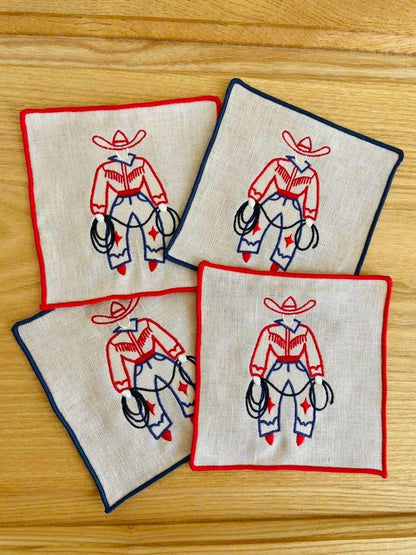 Cowboy Embroidered Linen Cocktail Napkins – Set of 4: Red hem