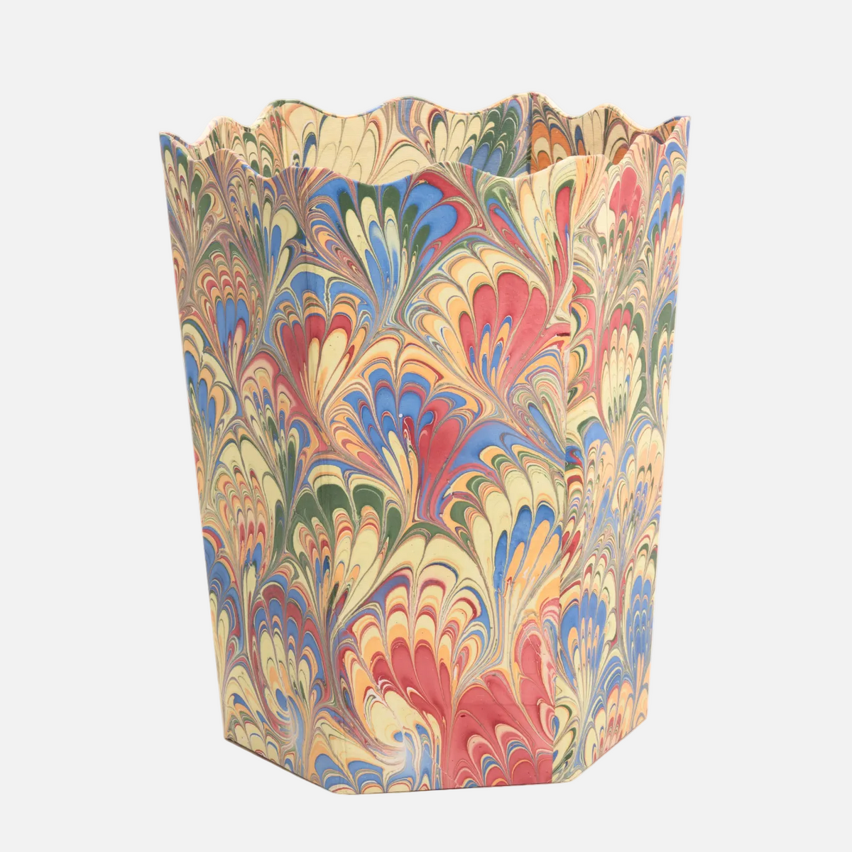 Colorful marbled patterned trash can on a white background