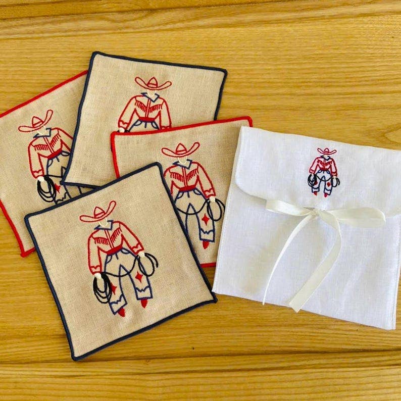 Cowboy Embroidered Linen Cocktail Napkins – Set of 4: Red hem