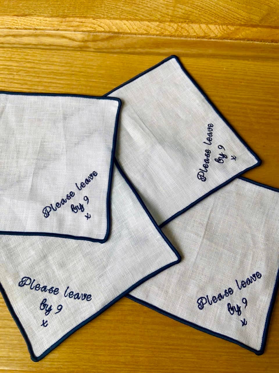 Please Leave By 9 Embroidered Linen Cocktail Napkins: 1. light blue