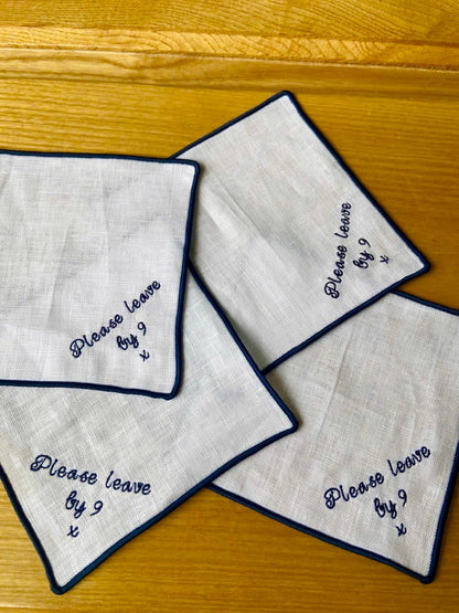 Please Leave By 9 Embroidered Linen Cocktail Napkins: 1. light blue